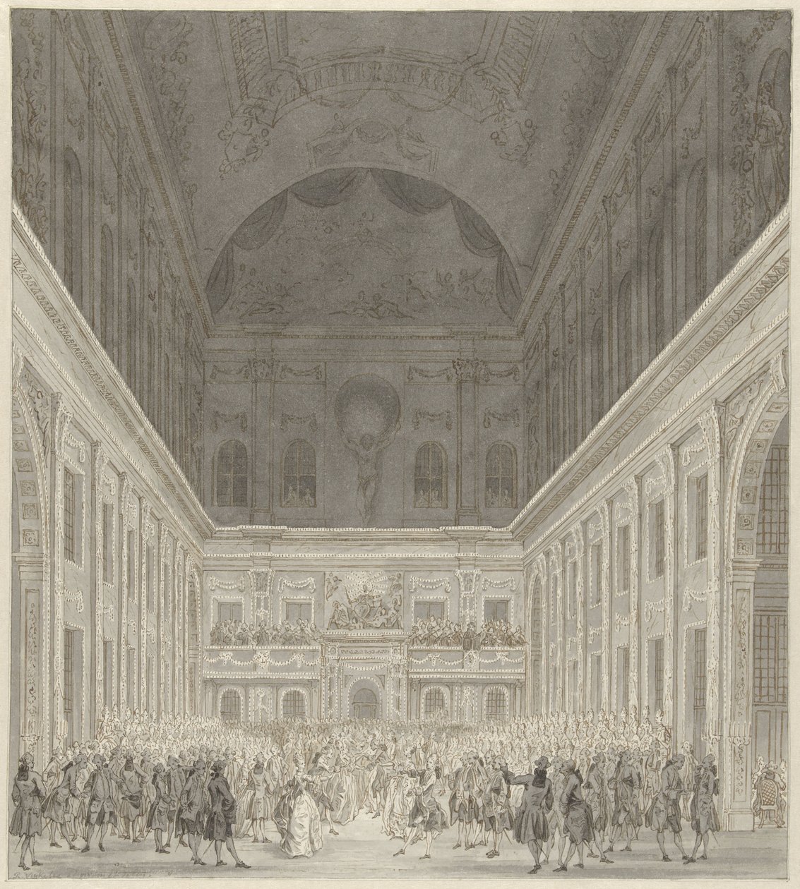 كرة في Civic Hall of Amsterdam City Hall تكريما لزيارة الأمير ويليم الخامس وويلهيلمينا فان بروزن ، يونيو 1768 بواسطة رينير فينكيليس (أنا)