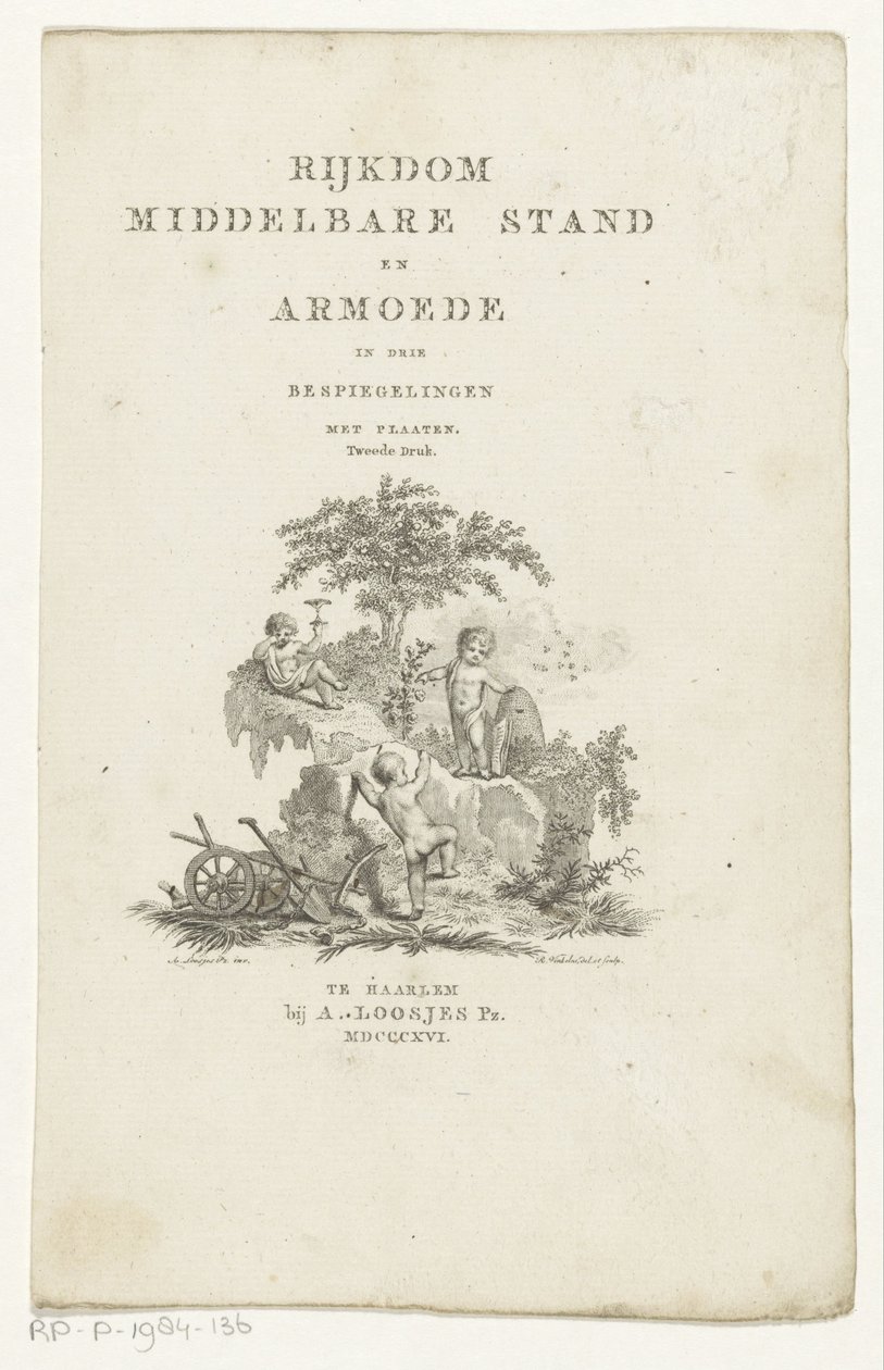 ثلاثة معجون مع سمات في منظر طبيعي للجبال صفحة العنوان لـ: Adriaan Pietersz. Loosjes ، ثروة الطبقة الوسطى والفقر في ثلاثة انعكاسات ، 1816 بواسطة رينير فينكيليس (أنا)