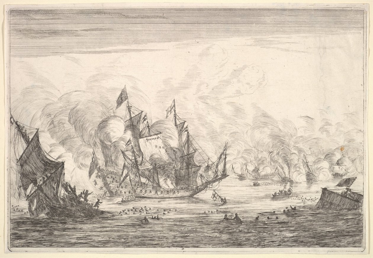 معركة بحرية مع سفينة إنجليزية تتعثر على اليسار ، من Naval Battles Nieuwe Sc ... ، 1652-54. بواسطة رينير زيمان