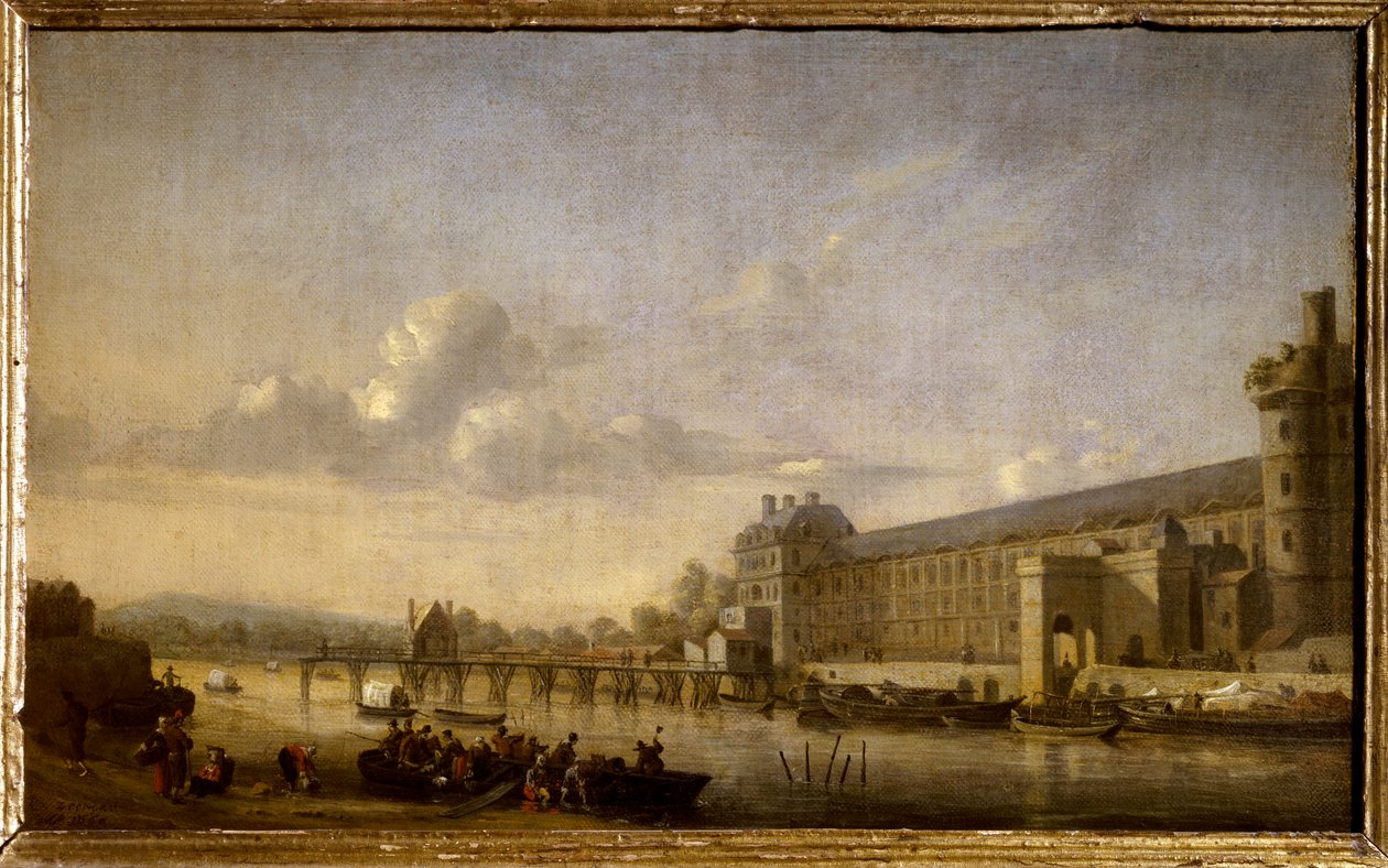 منظر لنهر السين بواجهة جنوبية ومعرض كبير لمتحف اللوفر رسم رينير نومز ديت زيمان (1623-1667) 1660 صن. 0،26x0،41 م باريس ، متحف اللوفر. بواسطة رينير زيمان