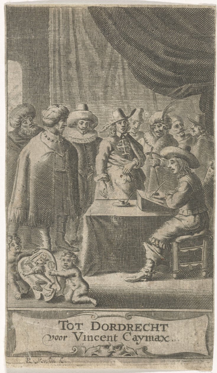 التاجر في المكتب صفحة العنوان لـ: J. van der Does e.a.، Verscheyde voyagien، orte reysen، 1652 بواسطة Reinier van Persijn