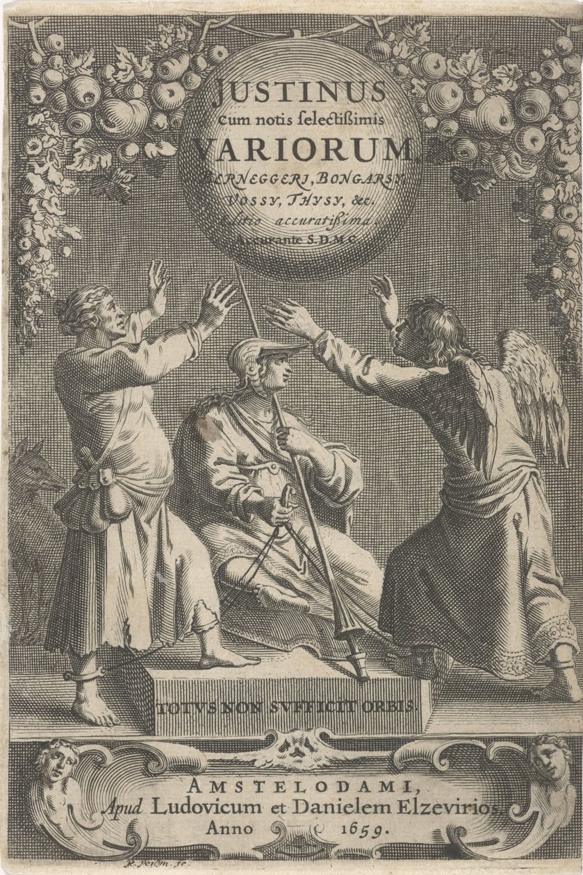 Minerva en twee geketende figuren Titelpagina for: A. Thysius، Justinus cum notis selectissimis variorum Berneggerj، Bongarsy، Vossy، Thysy، & c، 1659 بواسطة Reinier van Persijn