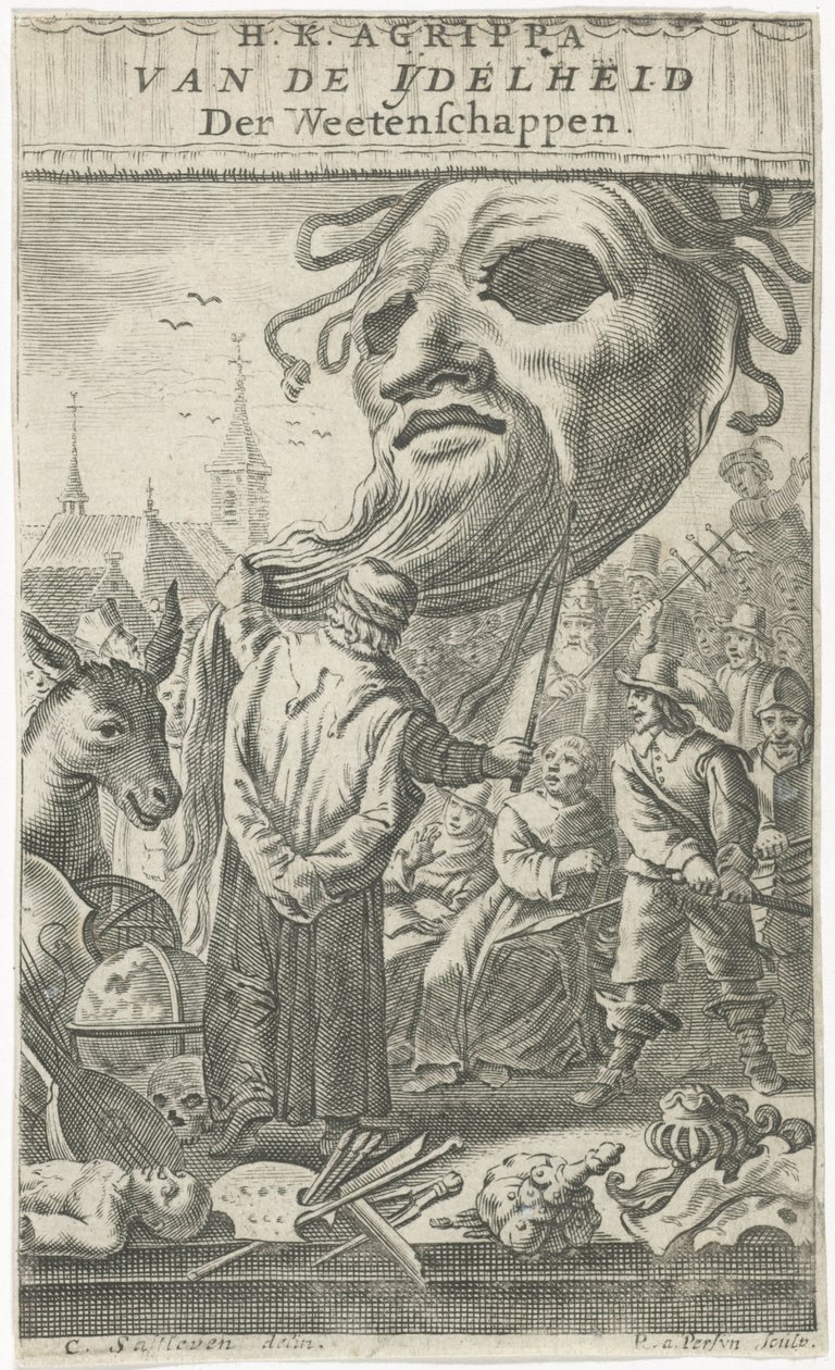 كارتون على الفنون صفحة العنوان لـ: J. Oudaen، Agrippa، of the Vanity of the Sciences، 1661 بواسطة Reinier van Persijn
