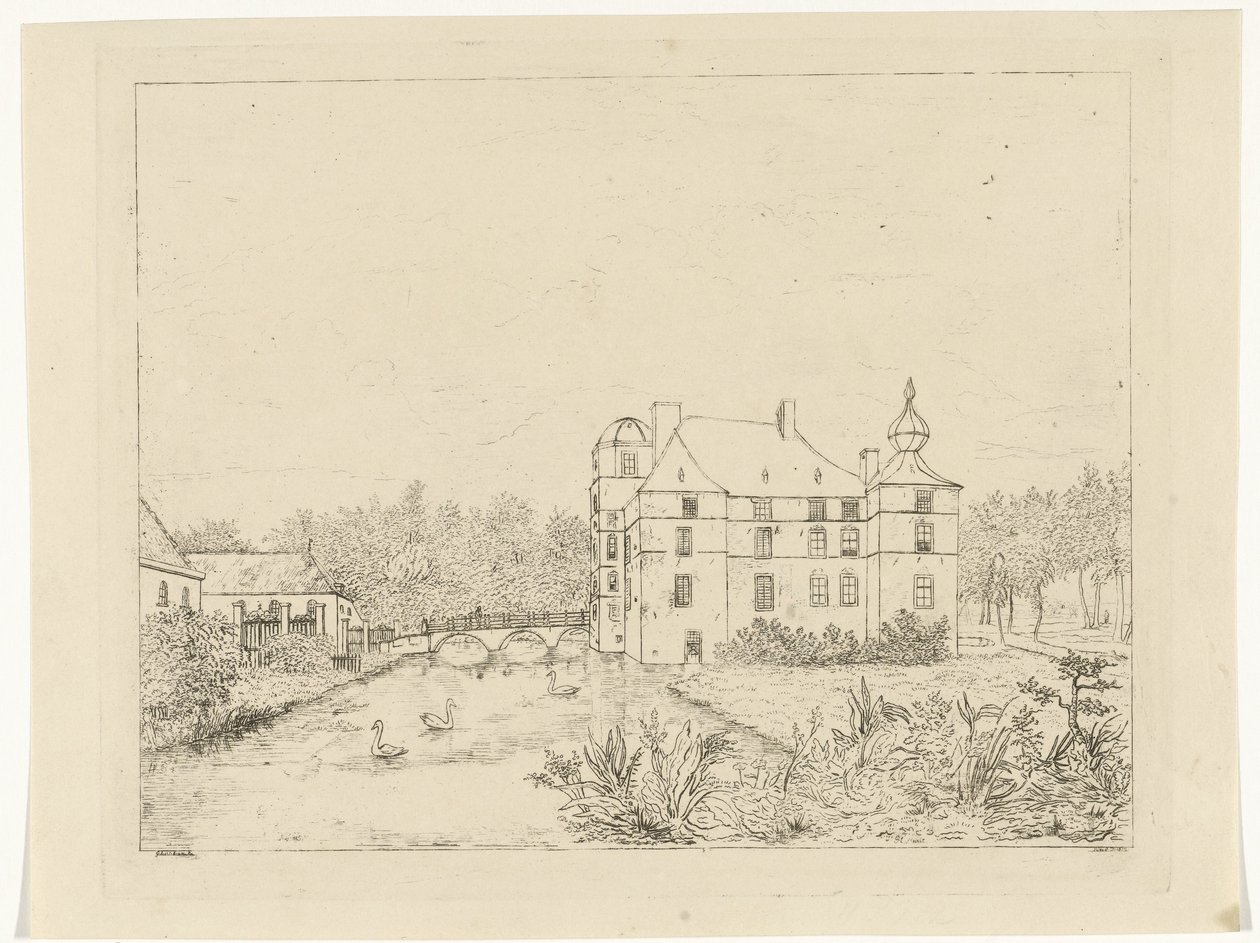 منظر جانبي لـ Castle de Cannenburch مع منازل على جسر الوصول بواسطة Reinierus Albertus Ludovicus baron van Isendoorn à Blois
