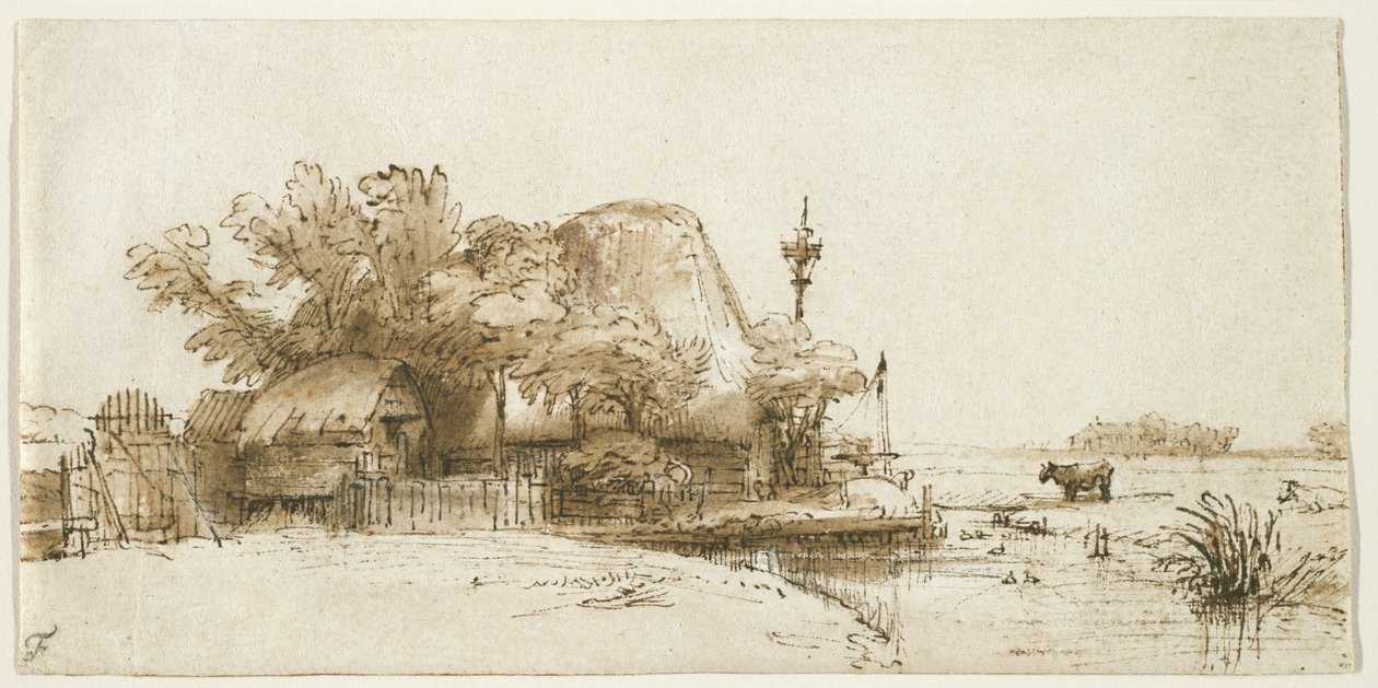 مزرعة على أمستيلديك ، c.1650-52 (قلم وحبر وغسل على ورق) بواسطة رامبرانت فان راين