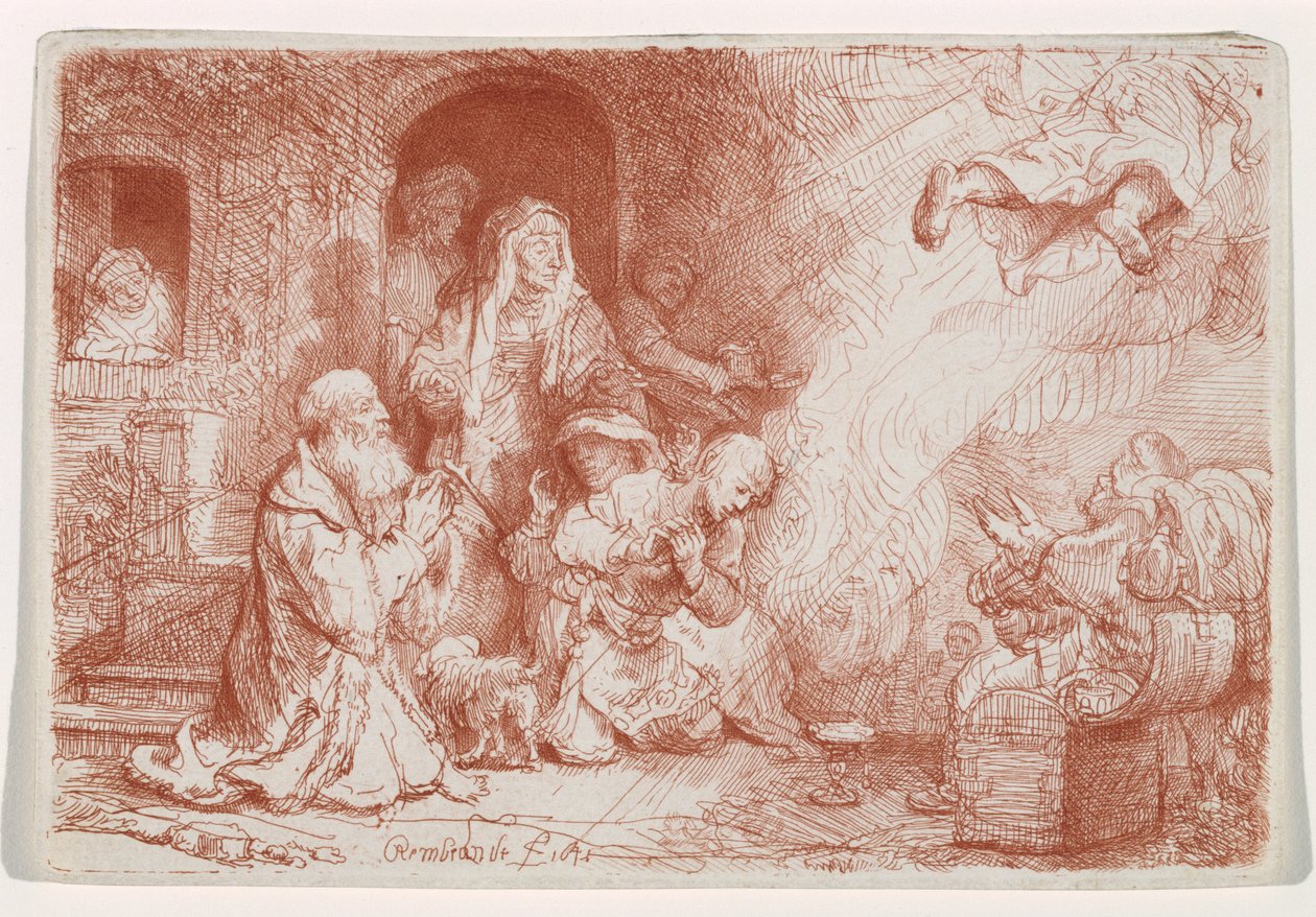الملاك المغادر من عائلة توبياس ، 1641 (النقش بنقطة الجفاف ، مطبوع بالانغاوين) بواسطة رامبرانت فان راين