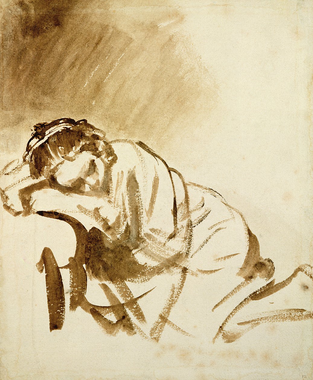 امرأة شابة نائمة (Hendrijke Stoffels) c.1654 (الفرشاة وغسلها البني على الورق) بواسطة رامبرانت فان راين