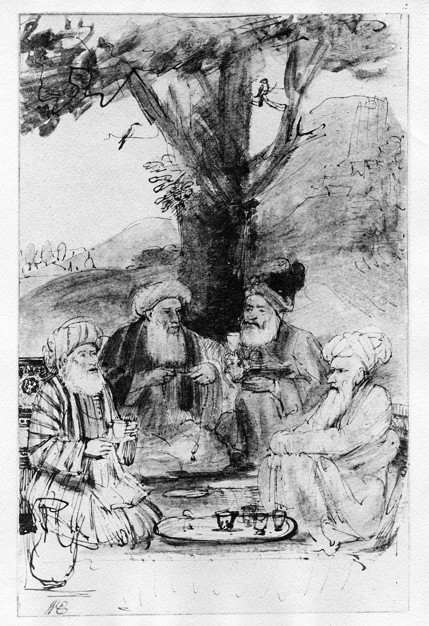 أربعة شرقية جالسة تحت شجرة ، c. 1659 (قلم ، حبر و غسيل على الورق) بواسطة رامبرانت فان راين