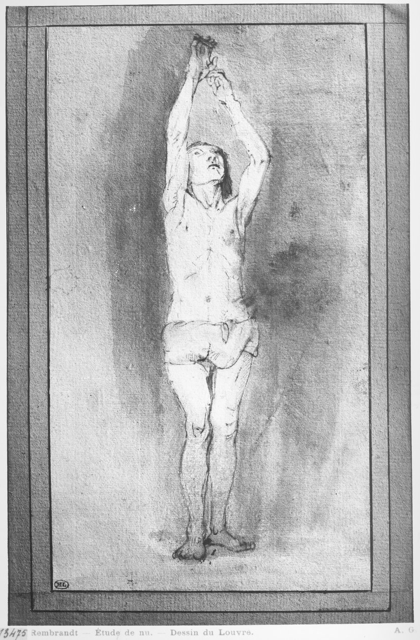 الولد الشاب، ب، loincloth، كلتا اليدين معلقة، عن، أداة تعريف إنجليزية غير معروفة، الجزء الضيق من الظهر، (قلم، حبر بني، أيضا، غسل، على ورق) بواسطة رامبرانت فان راين