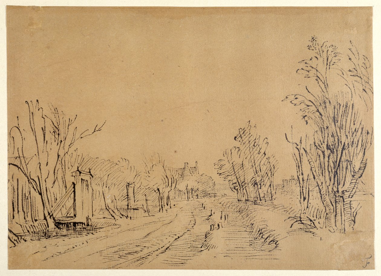 A main road leading to a house through trees (two bridges and gate accesses to the dijk) (pen & ink on brown paper) بواسطة رامبرانت هارمنز. فان راين