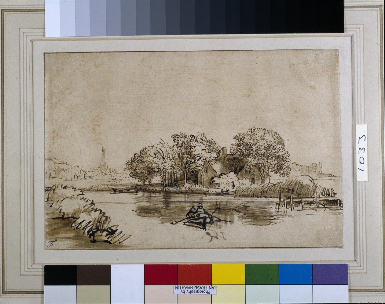 A man sculling a boat on the Bullewijk, with a view toward Ouderkerk, c.1650 (pen & ink with brown wash & white bodycolour on paper) بواسطة رامبرانت هارمنز. فان راين