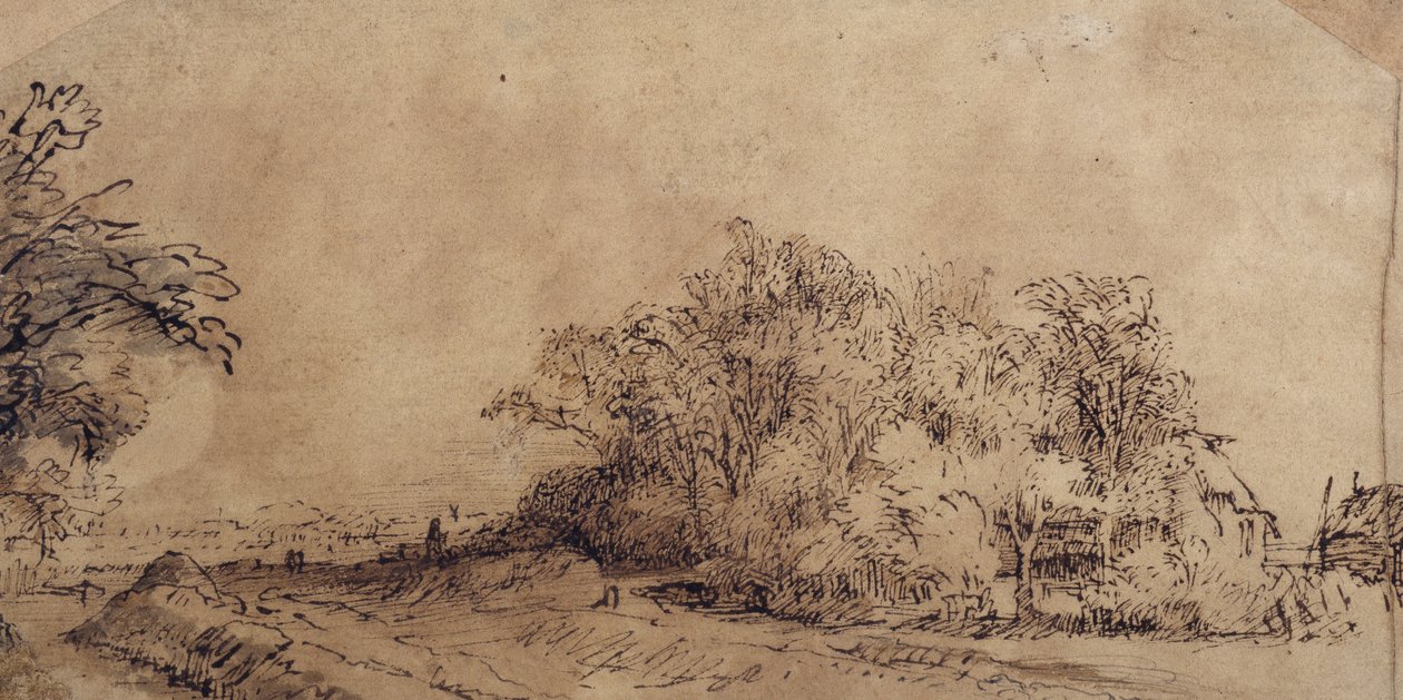 A rough road along the dyke with trees hiding a farmstead (pen & ink with wash on paper) بواسطة رامبرانت هارمنز. فان راين