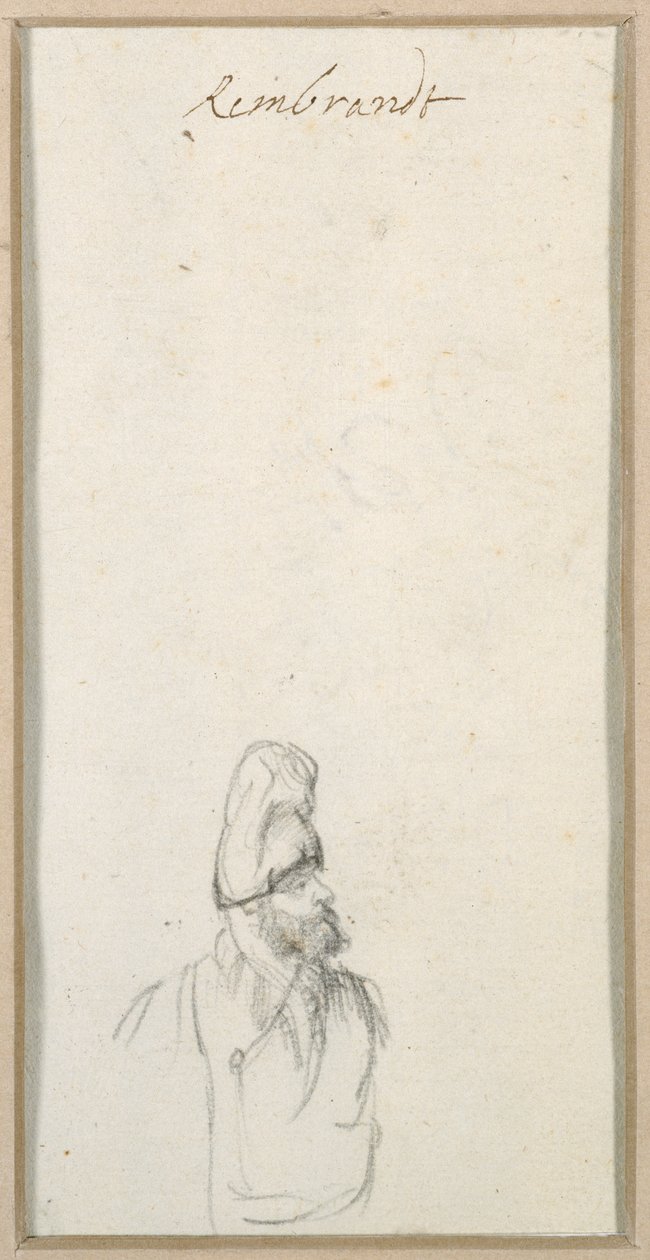 Bearded man in profile, in a high cap, c.1640 (black chalk on paper) بواسطة رامبرانت هارمنز. فان راين