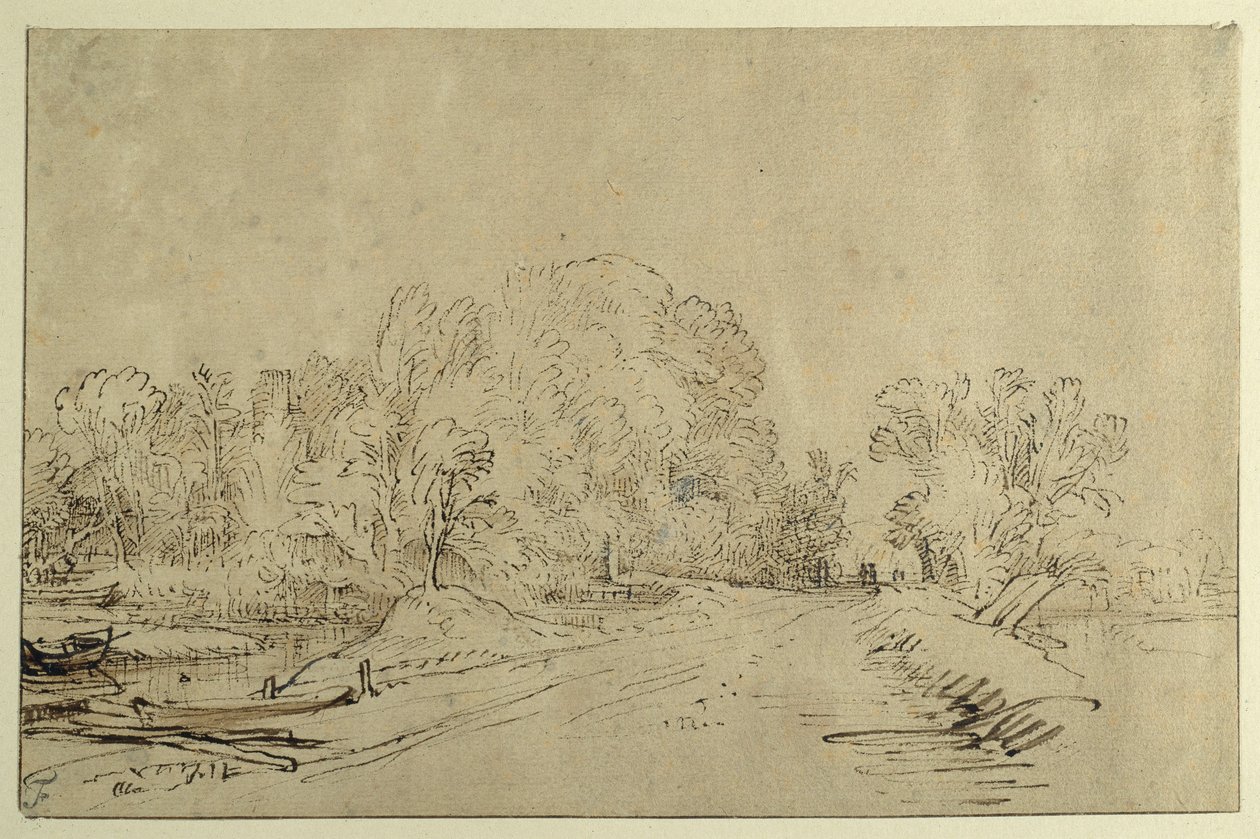 Canal with boats, a dyke road and trees (reed pen & ink with wash on paper) بواسطة رامبرانت هارمنز. فان راين