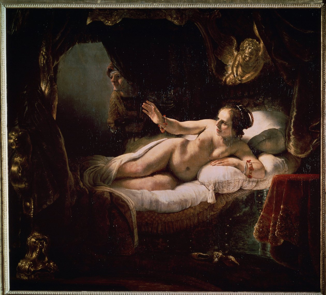 "Danae" ". الأساطير اليونانية: يقدم زيوس نفسه لدانا على شكل وابل من العملات الذهبية لإغرائها. لوحة هارمنزون فان راين المعروفة باسم رامبرانت (1606-1669) بواسطة رامبرانت هارمنز. فان راين