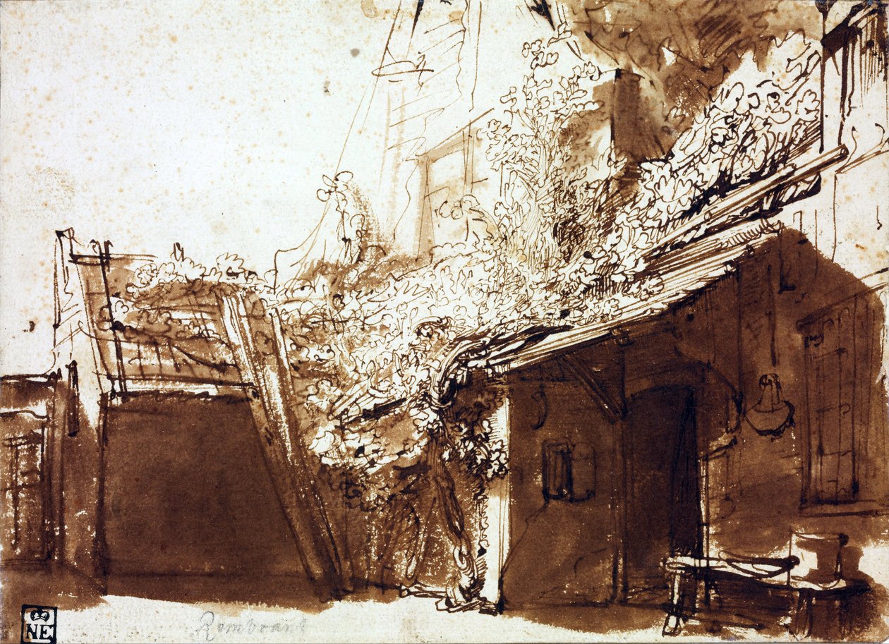 Farmhouse in Light and Shadow - Rembrandt van Rhijn (1606-1669) - 1635-1636 - قلم ، فرشاة ، لون بني على ورق - 16.2x22.5 سم - Szepmuveszeti Muzeum ، بودابست بواسطة رامبرانت هارمنز. فان راين