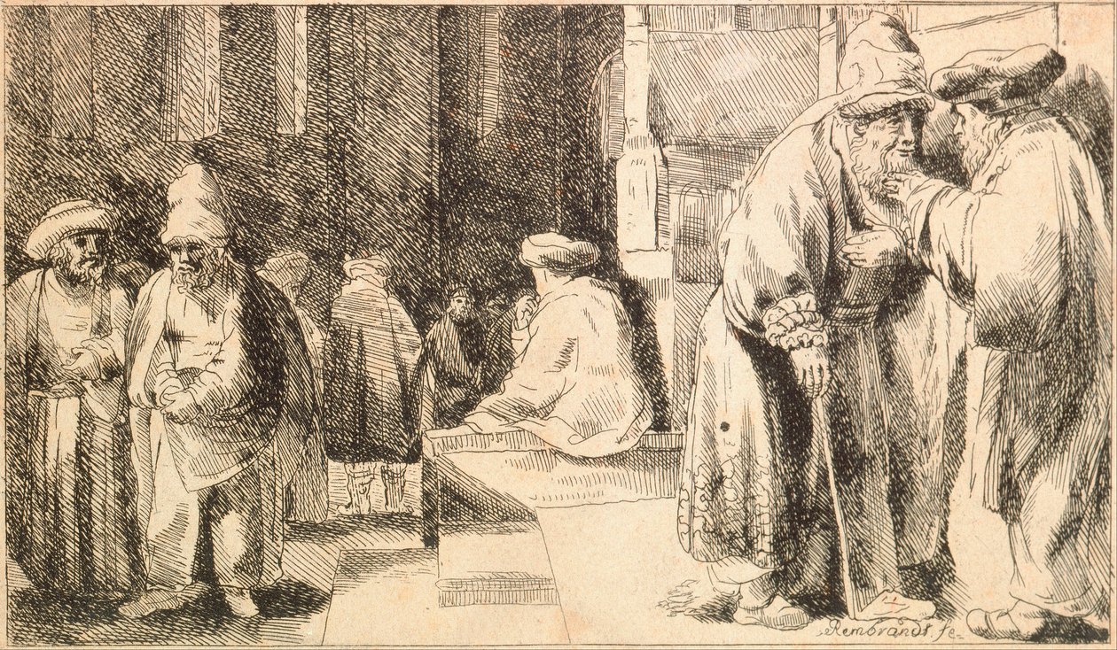 "" Juifs a la synagogue "(اليهود في الكنيس) نقش لرامبرانت فان راين (1606-1669) - 1648 خافت 7.6x13 سم المتحف اليهودي ، نيويورك بواسطة رامبرانت فان راين
