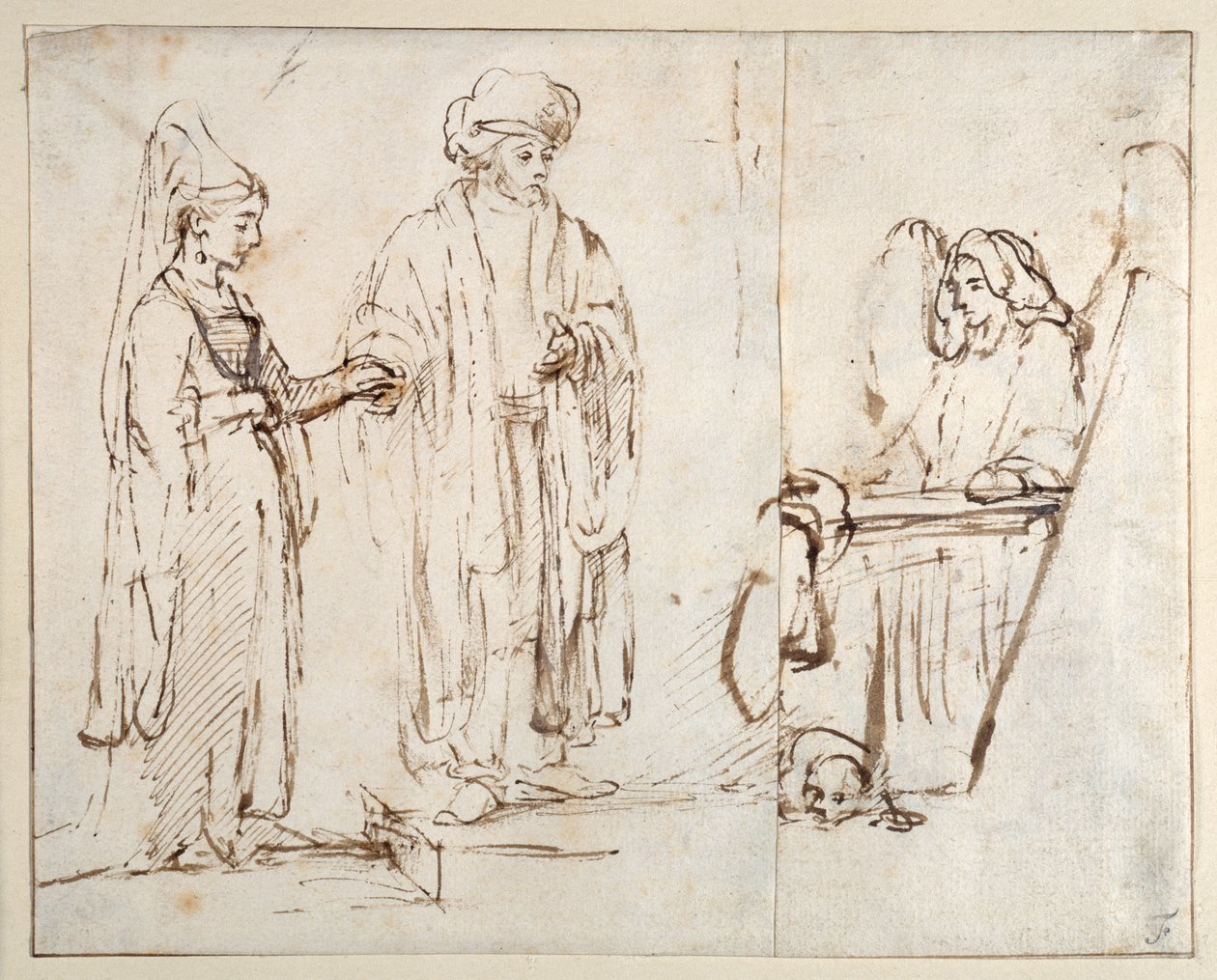 Laban brings Leah to Jacob, with Jacob overlaid by a fragment of another drawing; an angel with a dog lying at his feet بواسطة رامبرانت هارمنز. فان راين