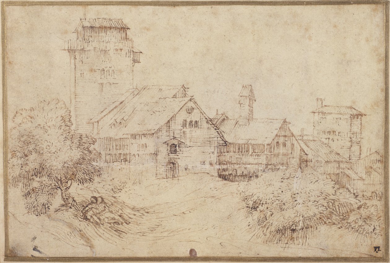 Landscape with buildings and lovers, embracing, after Titian (pen & brown ink with red chalk on paper) بواسطة رامبرانت هارمنز. فان راين