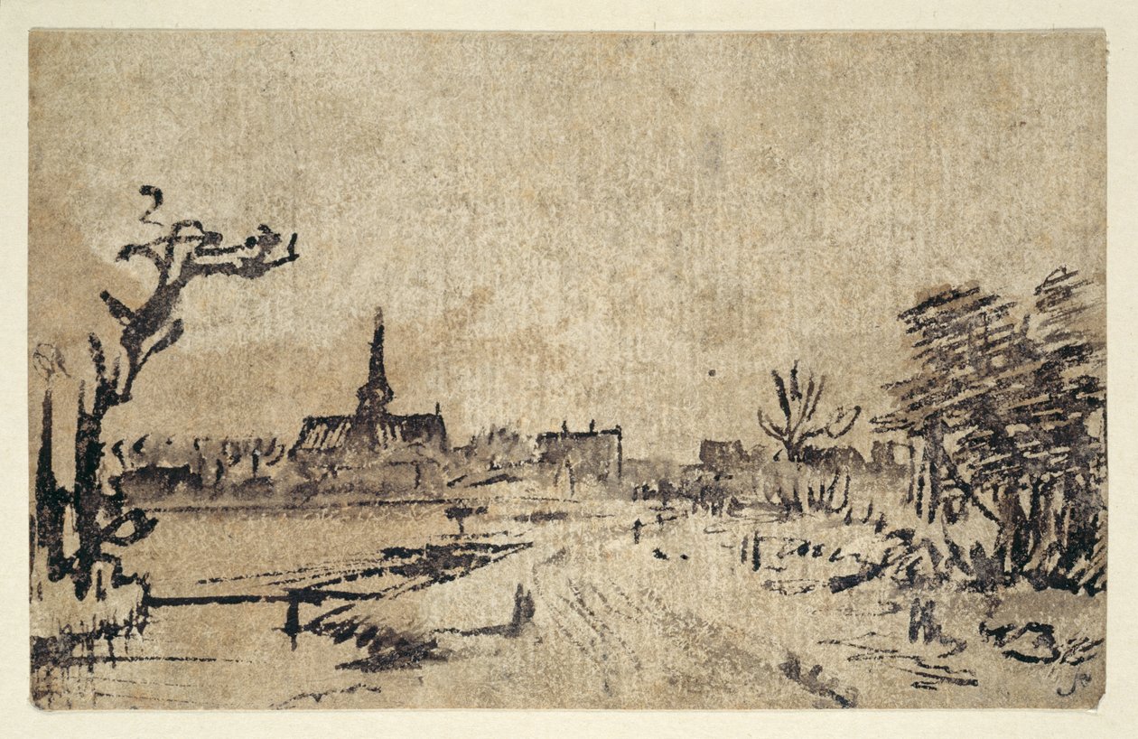 Landscape with water, the village of Amstelveen in the background, c.1654-55 (pen & ink with brown wash) بواسطة رامبرانت هارمنز. فان راين