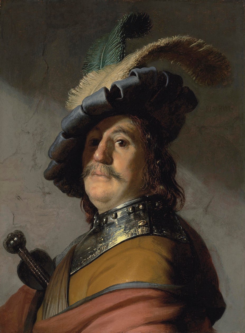 صورة لرجل مع درع صدرية وقبعة ريش - لوحة لرامبرانت فان راين (1606-1669) بواسطة رامبرانت هارمنز. فان راين
