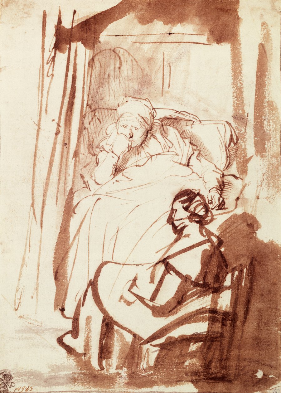 Saskia lying in bed, a woman sitting at her feet بواسطة رامبرانت هارمنز. فان راين