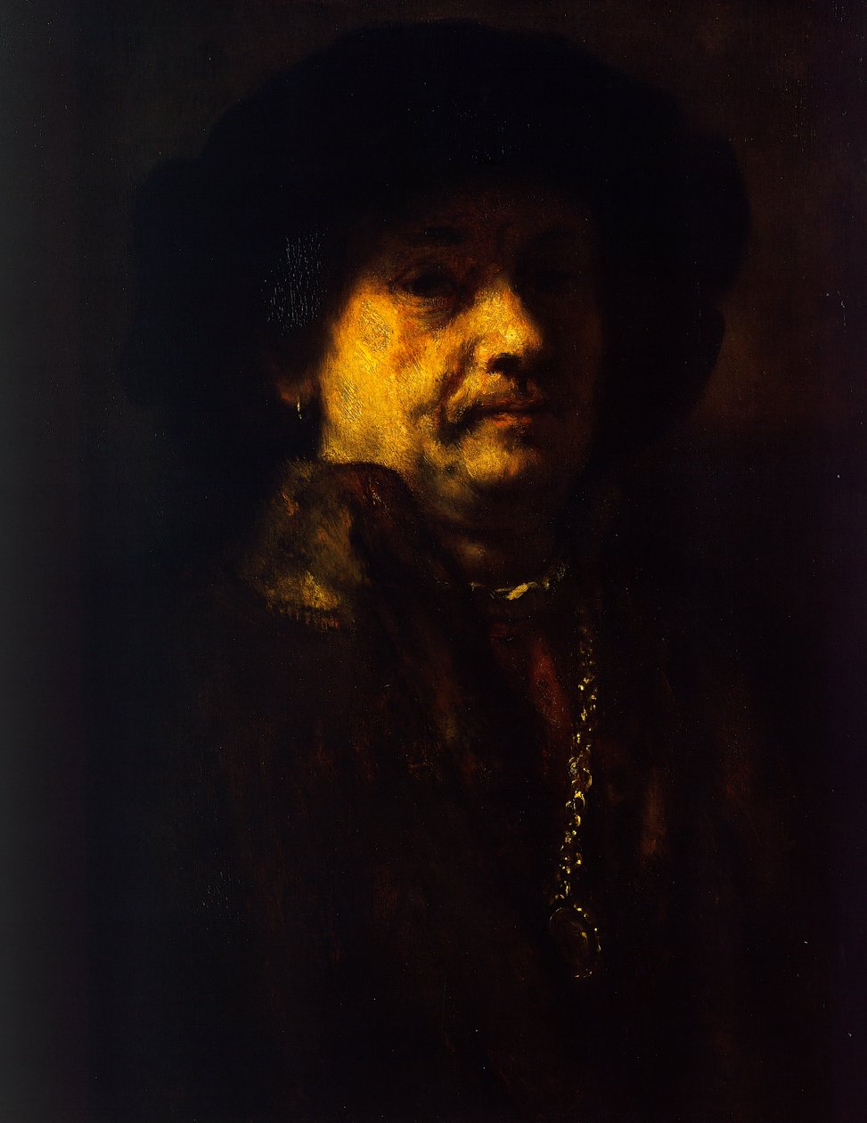 Self portrait in a fur coat with gold chain and earring بواسطة رامبرانت هارمنز. فان راين