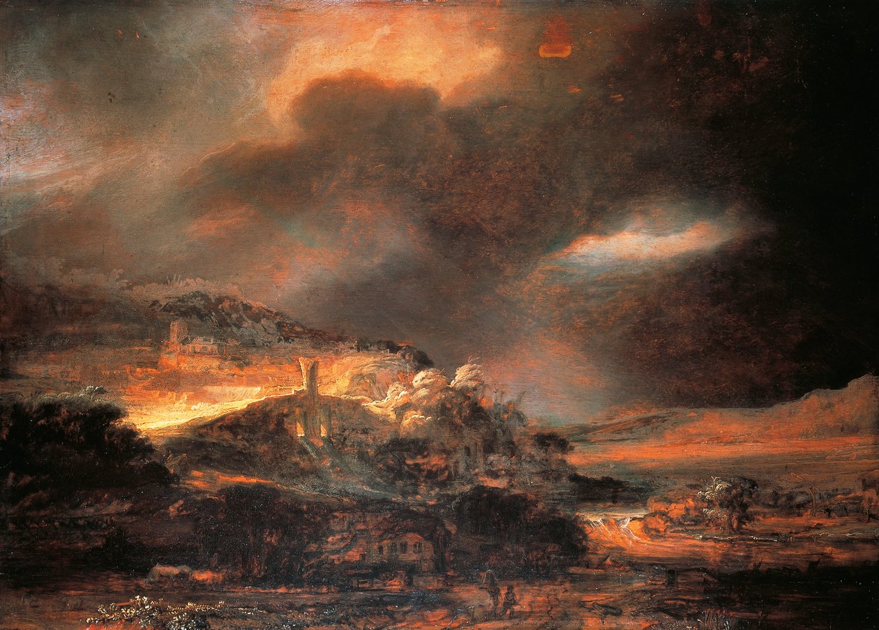 Stormy Landscape, c.1637/38 (oil on panel) بواسطة رامبرانت هارمنز. فان راين