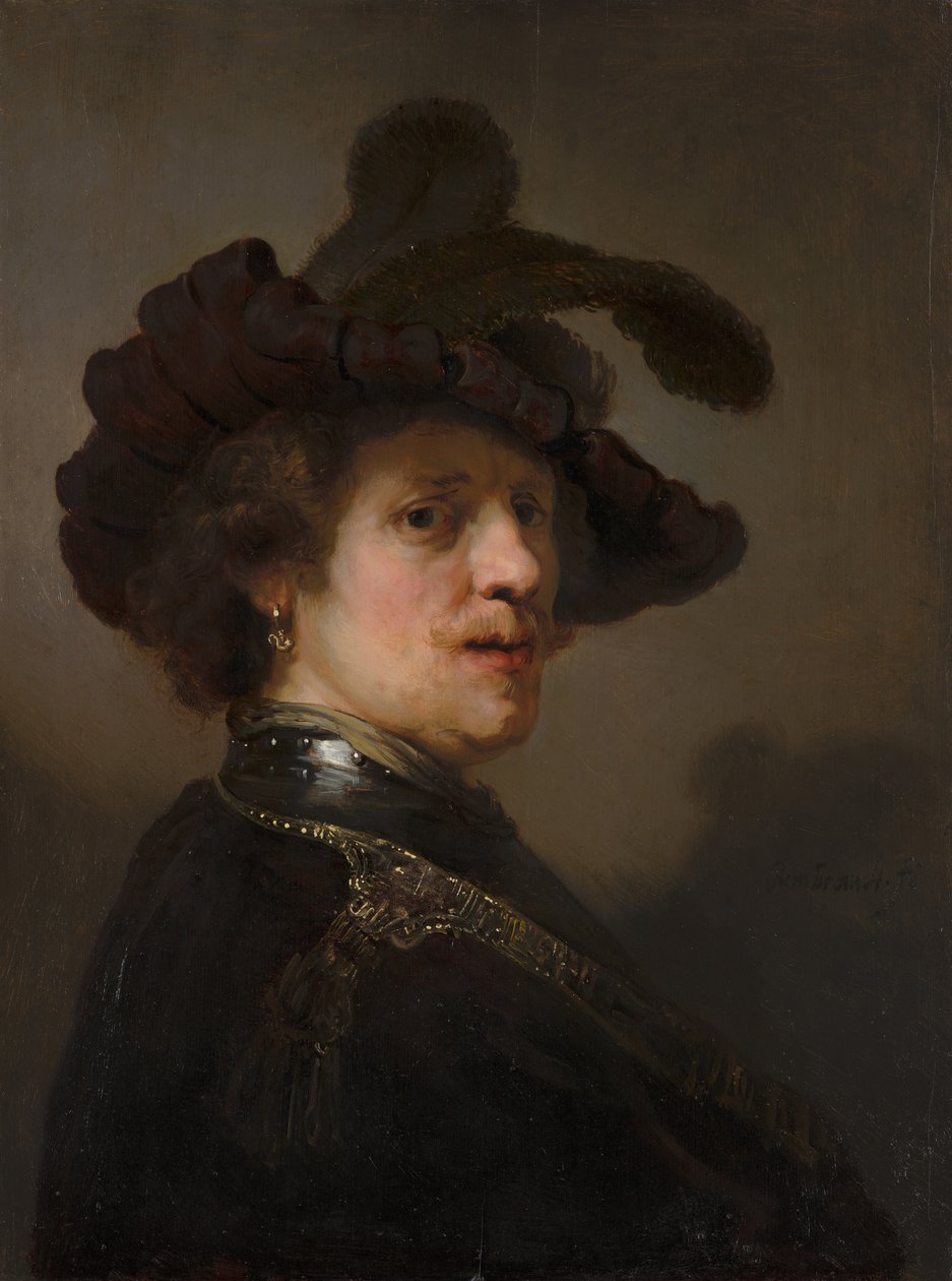 Tronie of a Man with a Feathered Beret، c.1635-40 (زيت على لوح) بواسطة رامبرانت فان راين