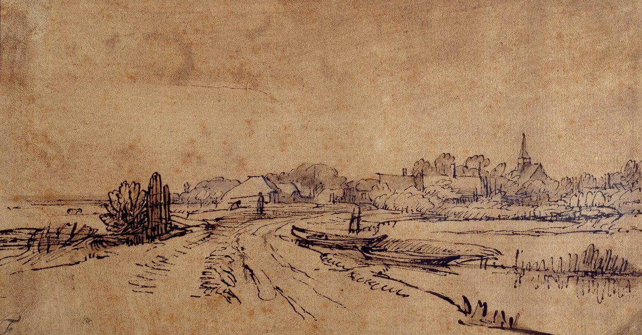View of Sloten, c.1650 (pen & ink with brown wash on paper) بواسطة رامبرانت هارمنز. فان راين
