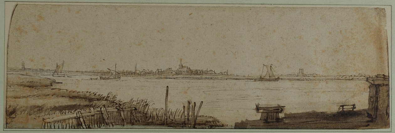 منظر لنهر IJ من Diemerdijk ، حوالي عام 1650 (قلم حبر وحبر مغسول باللون البني ولون جسم أبيض على ورق) بواسطة رامبرانت هارمنز. فان راين