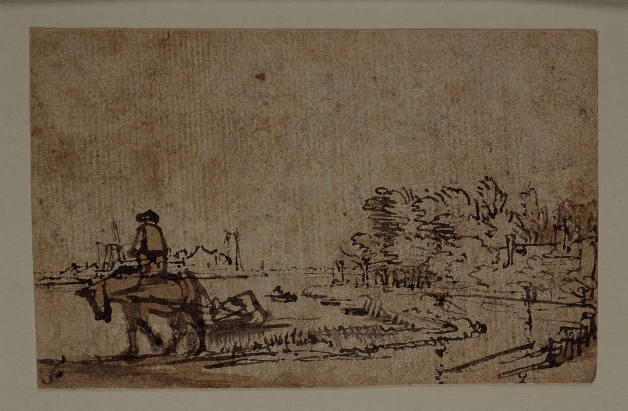 View on the Amstel, with a horse towing a barge, c.1650 (pen & ink with brown wash on paper) بواسطة رامبرانت هارمنز. فان راين