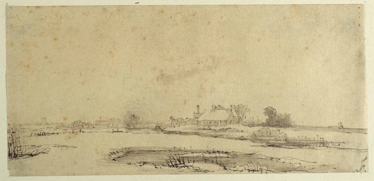 Water, meadows and a farmstead (pen & ink on paper) بواسطة رامبرانت هارمنز. فان راين