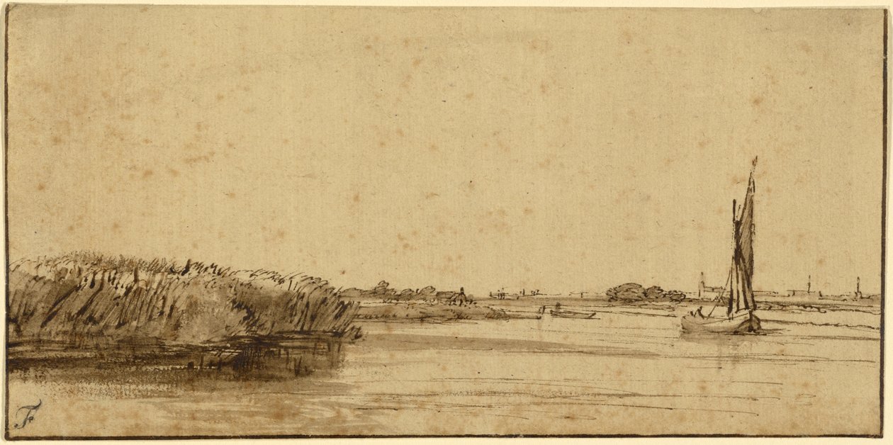 زورق إبحار على مساحة واسعة من الماء ، c.1650 (قلم وحبر بني وغسل بني ، على ورق ملون) بواسطة رامبرانت فان راين