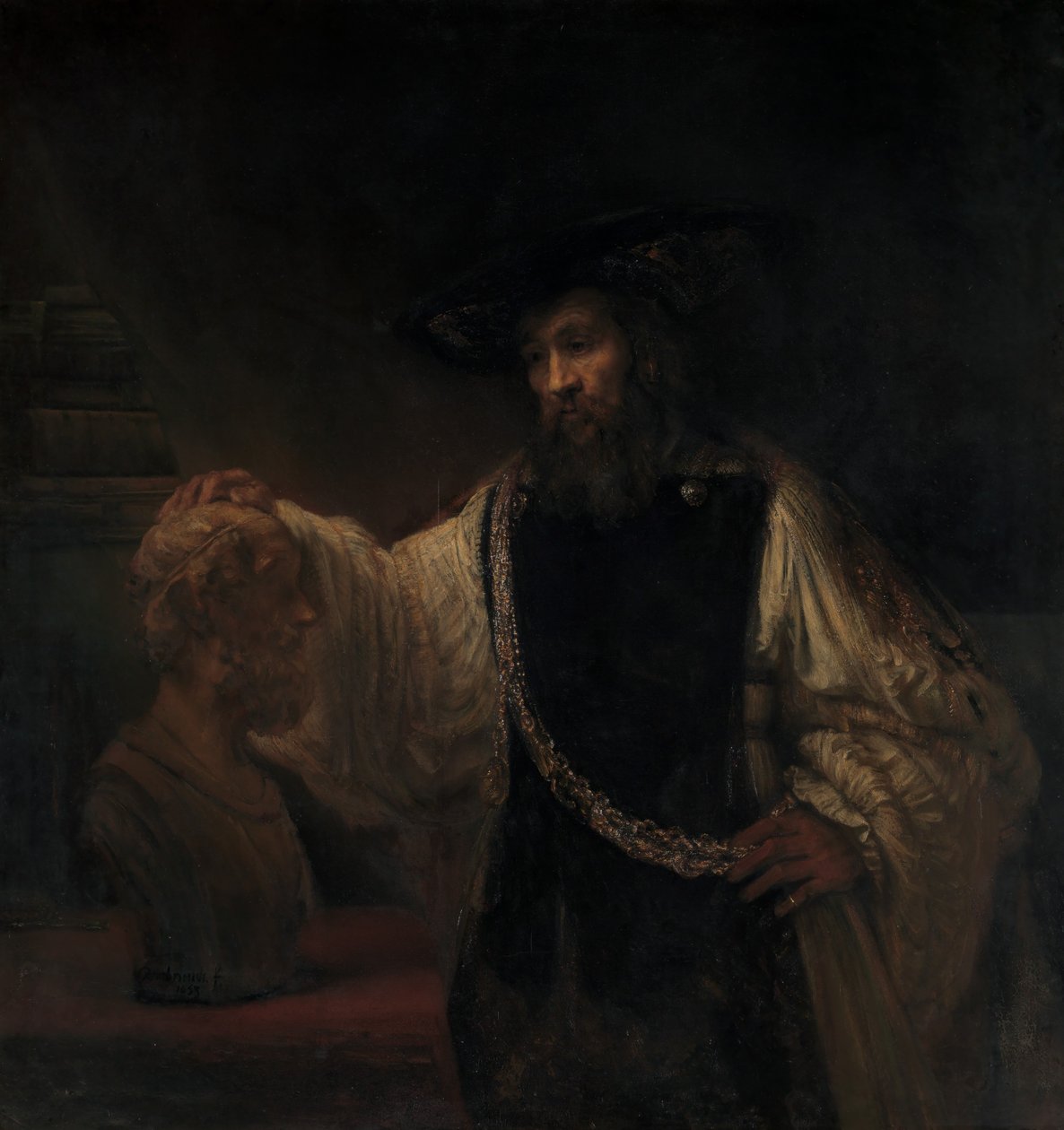 أرسطو مع تمثال نصفي هوميروس ، 1653. بواسطة رامبرانت فان راين