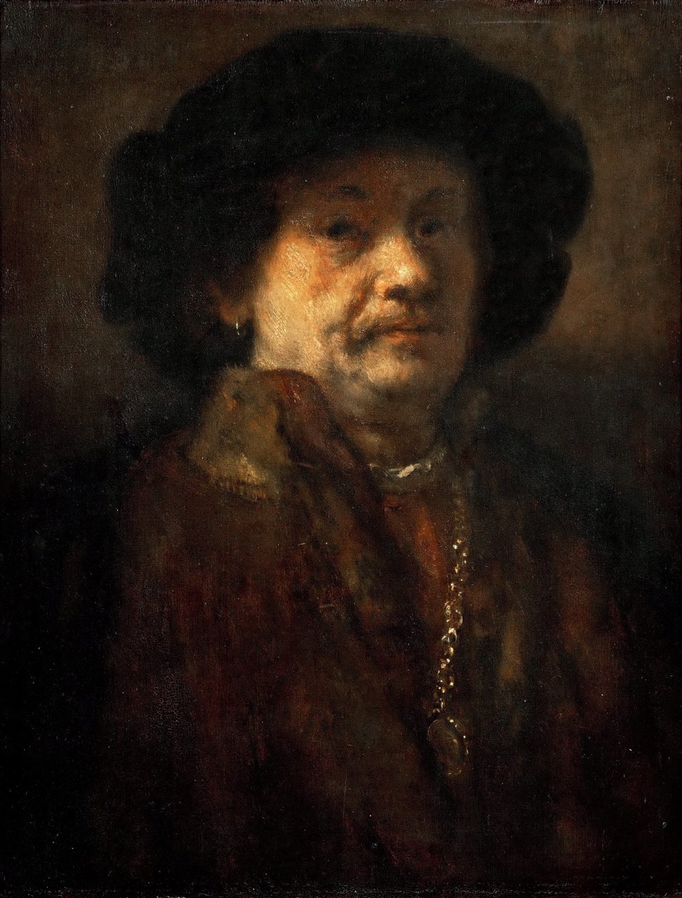 بورتريه ذاتي في معطف فرو مع سلسلة ذهبية وقرط ، من قبل رامبرانت فان راين (1606-1669). زيت على خشب بواسطة رامبرانت فان راين