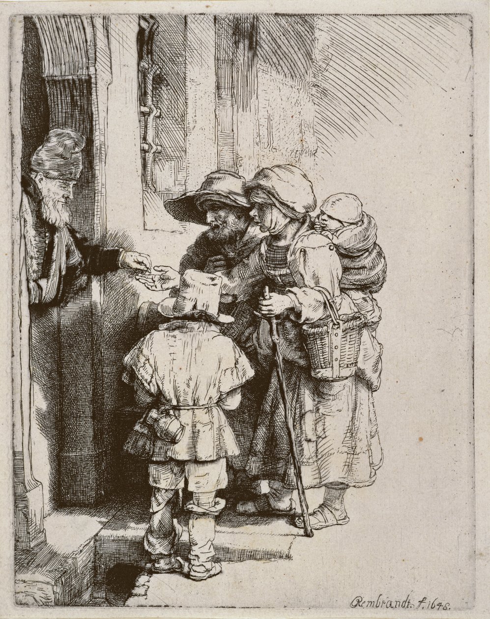 المتسولون يستقبلون الصدقات عند باب المنزل ، 1648 (نقش جاف) بواسطة رامبرانت فان راين