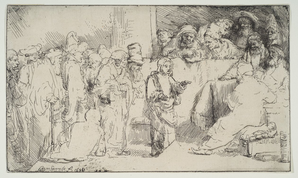 المسيح يتنازع مع الأطباء ، رسم تخطيطي ، 1652. بواسطة رامبرانت فان راين