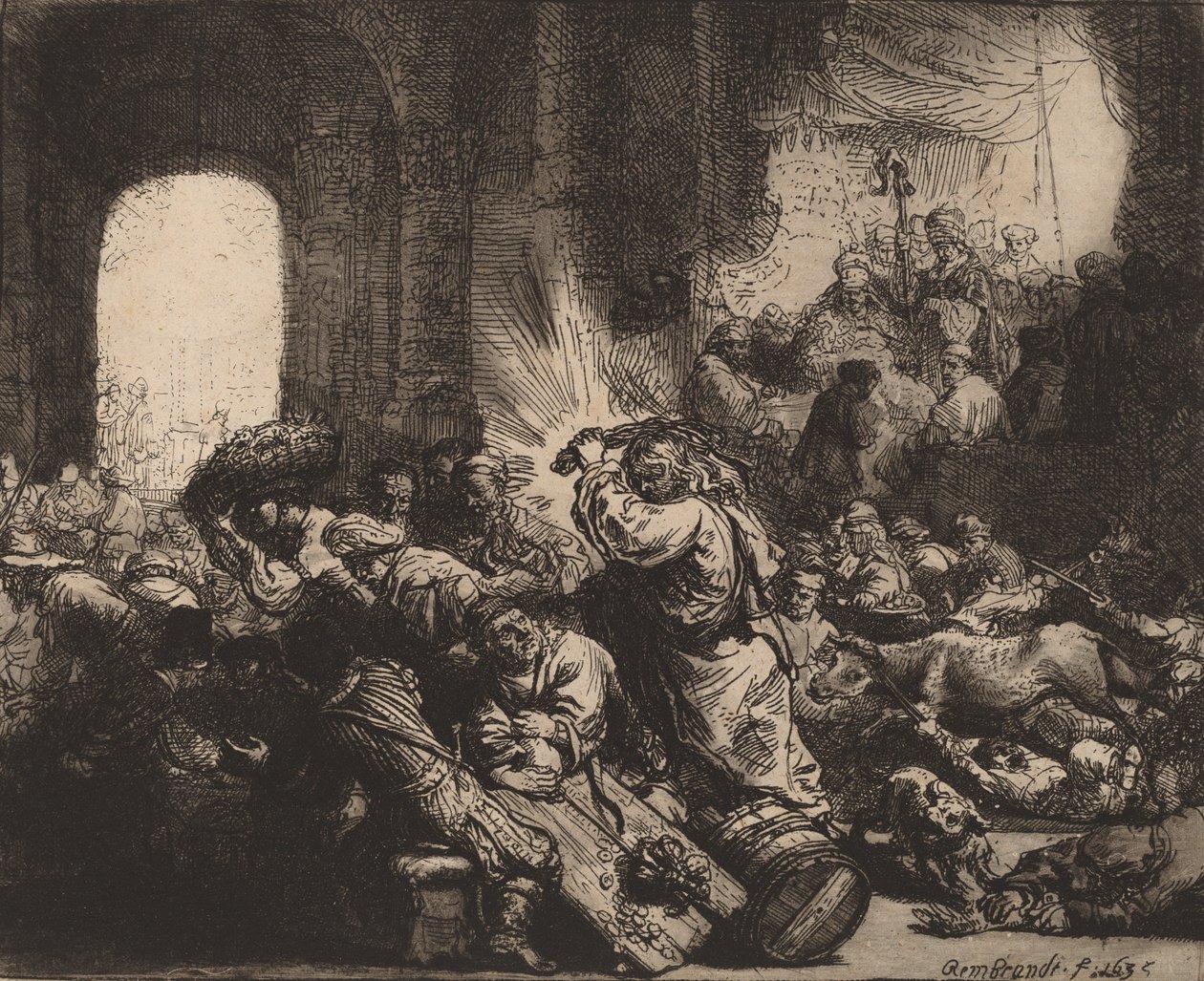المسيح يقود الصيارفة من الهيكل 1635. بواسطة رامبرانت فان راين