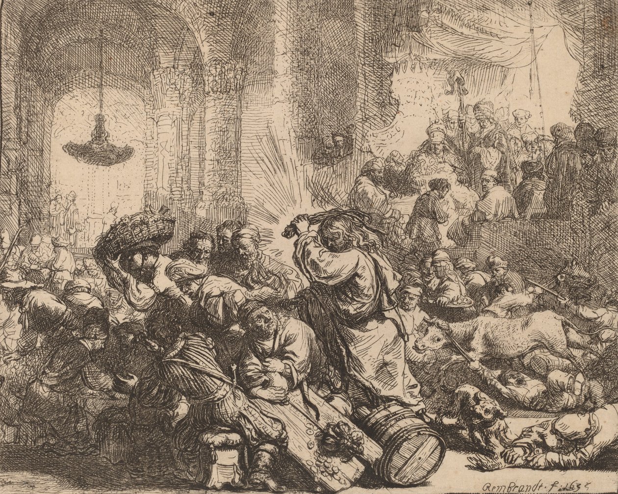 المسيح يقود الصيارفة من الهيكل 1635. بواسطة رامبرانت فان راين