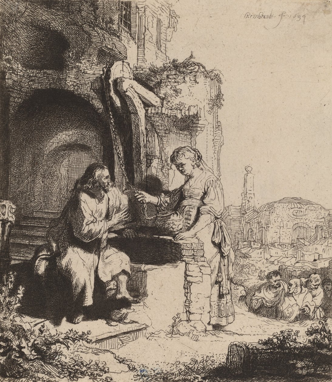 المسيح وامرأة السامرة بين الأنقاض 1634. بواسطة رامبرانت فان راين