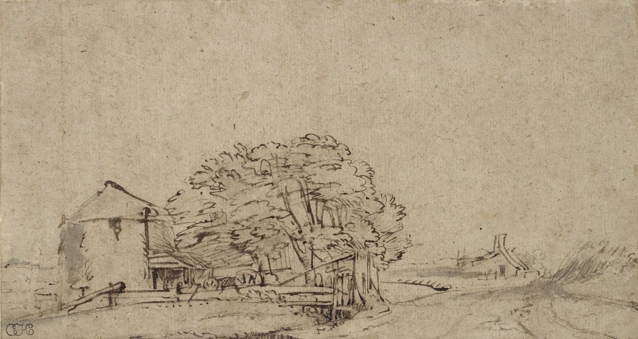 مبنى مزرعة بجوار طريق مع مزرعة بعيدة ، 1650-69 (قلم وحبر بني مع غسل رمادي على ورق) بواسطة رامبرانت فان راين