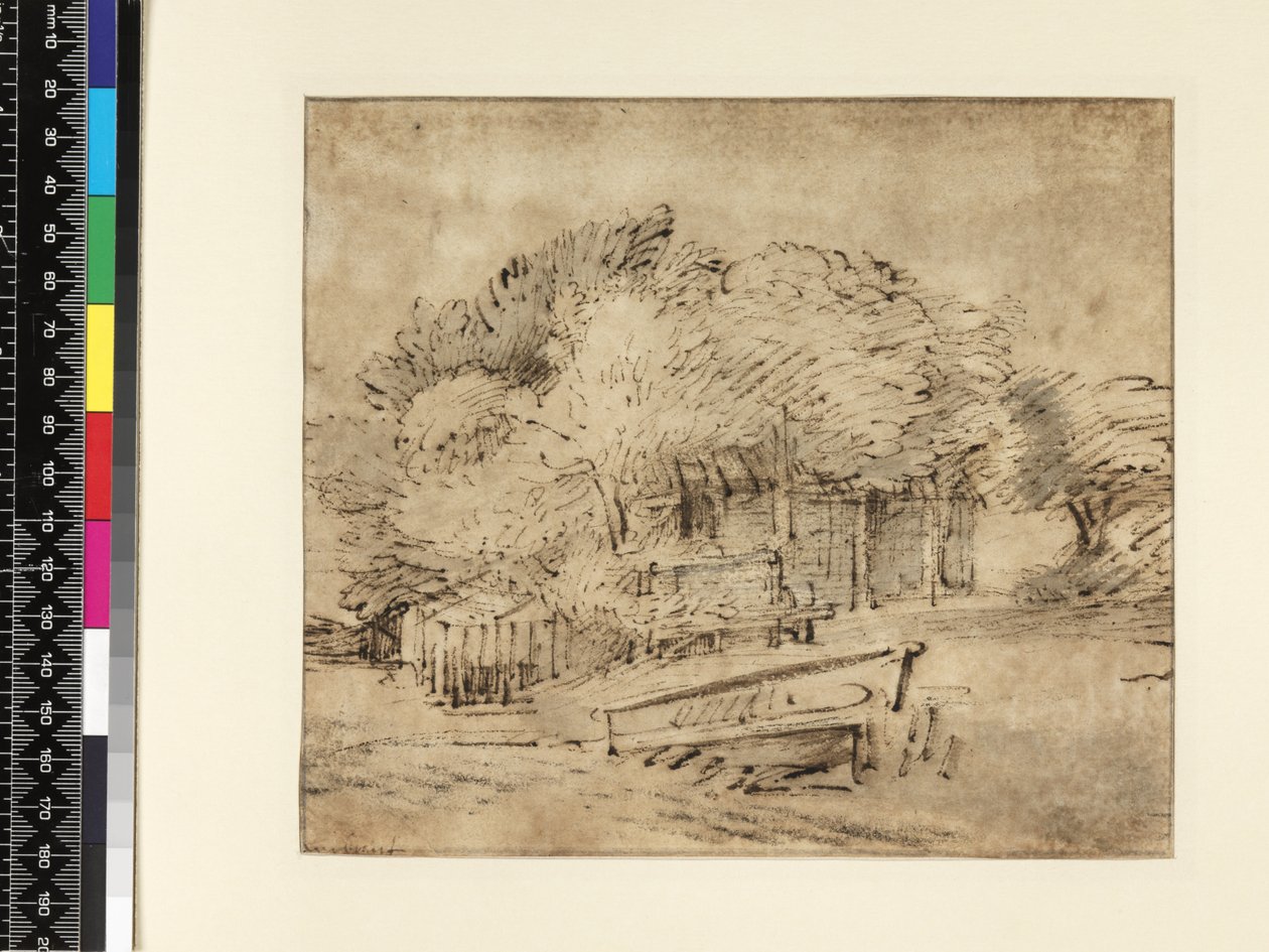 مزرعة تحت الأشجار ، مع جسر للمشاة ، c.1650 (قلم وحبر مع غسيل على الورق) بواسطة رامبرانت فان راين