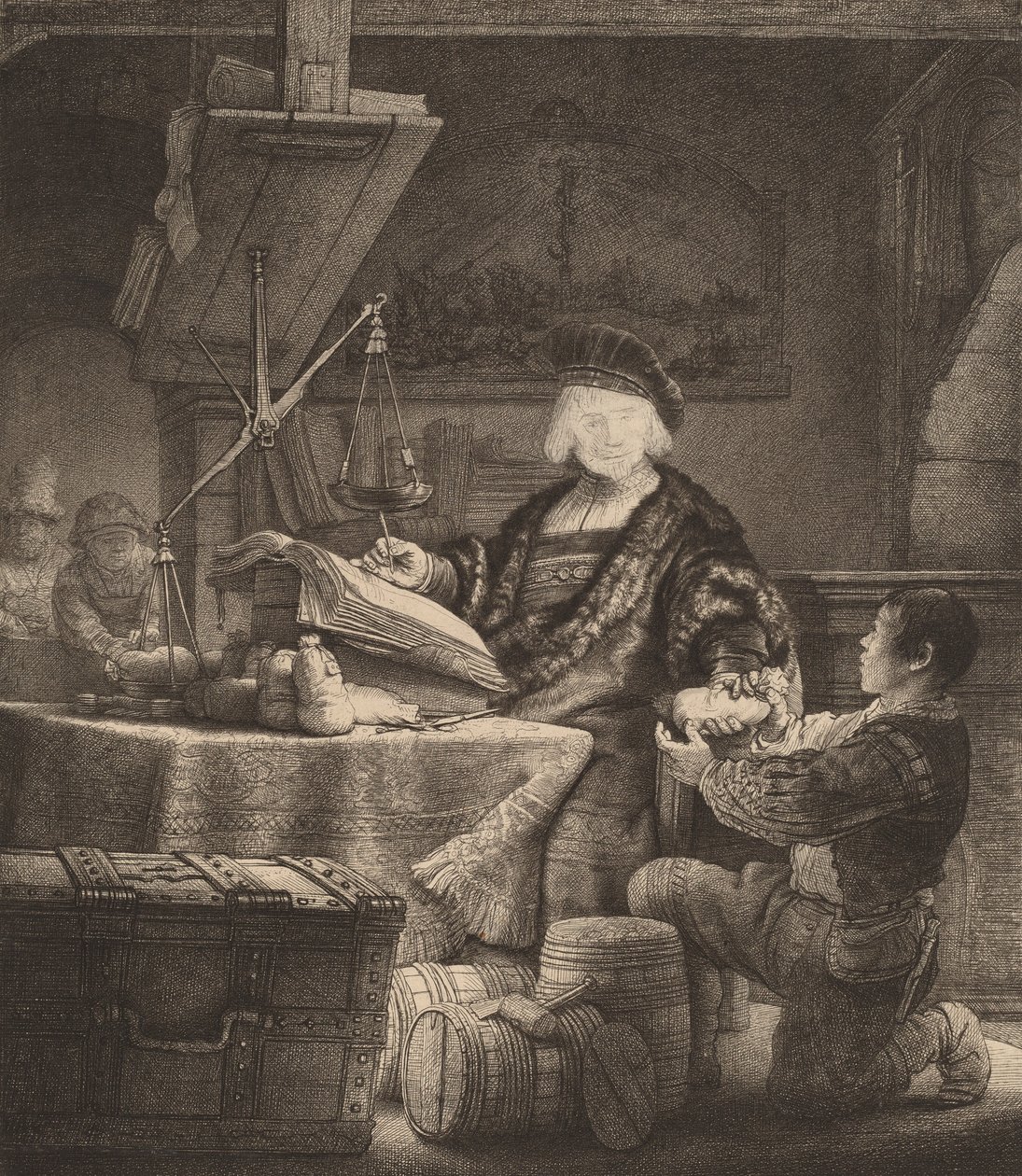 يان أويتنبوغارت ، The Goldweigher. بواسطة رامبرانت فان راين