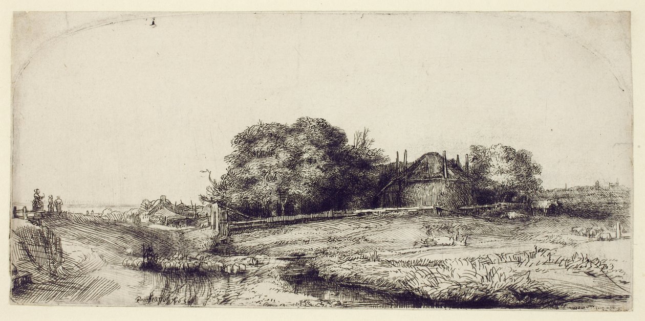 منظر طبيعي مع هايبارن وقطيع من الأغنام ، c.1652 (حفر وجفاف على الورق) بواسطة رامبرانت فان راين