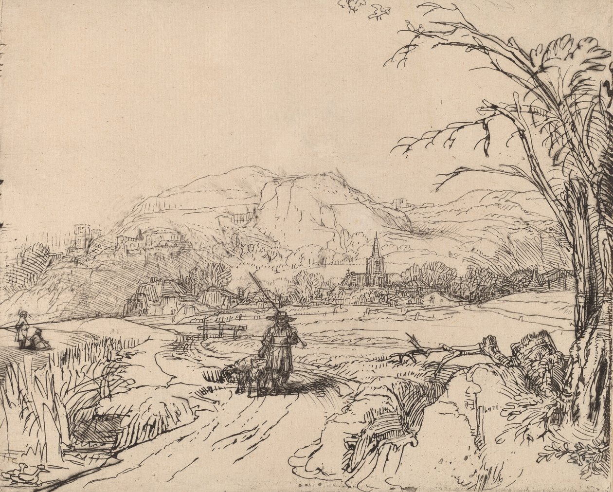 منظر طبيعي مع رياضي وكلب ، ج. 1653. بواسطة رامبرانت فان راين