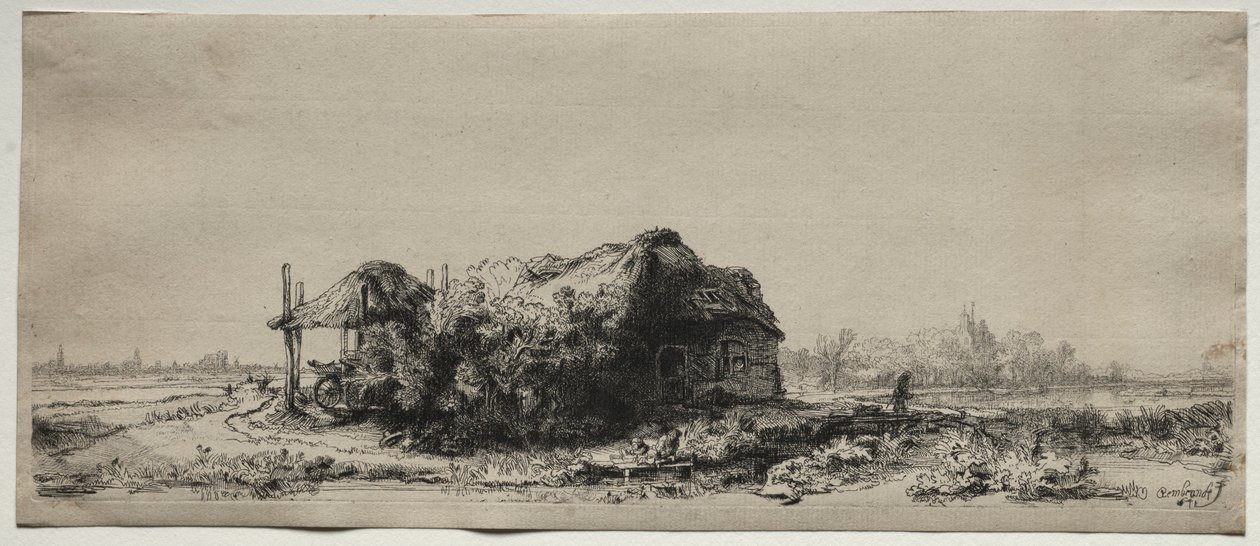 المناظر الطبيعية مع كوخ و Hay Barn: Oblong ، 1641. بواسطة رامبرانت فان راين