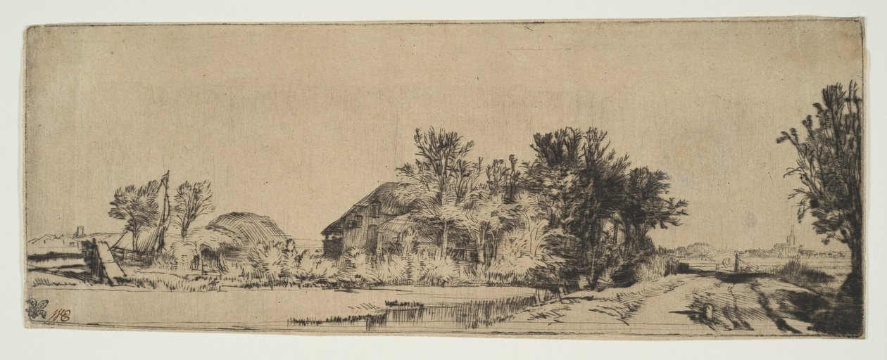 المناظر الطبيعية مع مزرعة على طول الطريق بجوار القناة ، كاليفورنيا. 1652. بواسطة رامبرانت فان راين