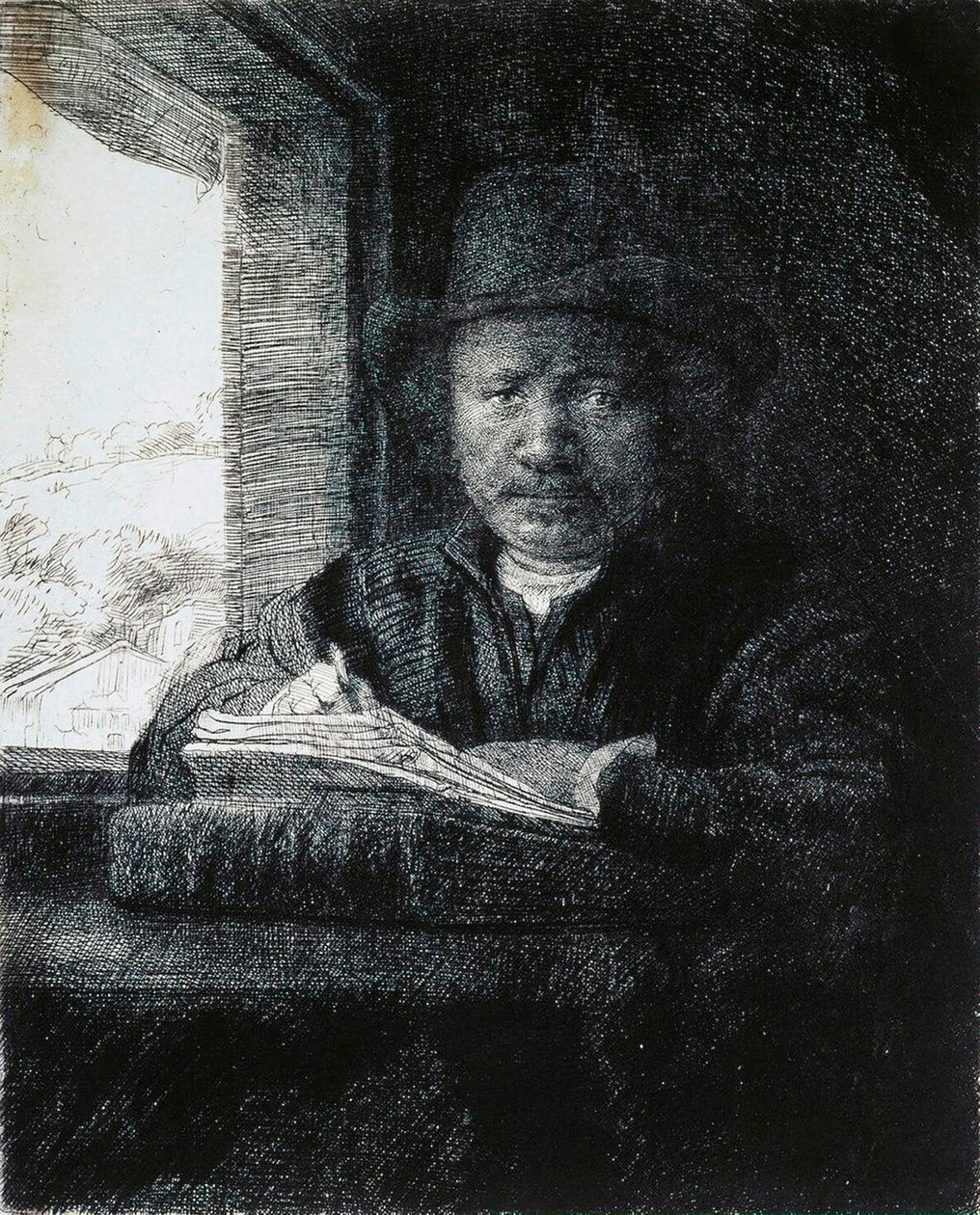 رسم بورتريه ذاتي بواسطة نافذة ، 1648. بواسطة رامبرانت فان راين