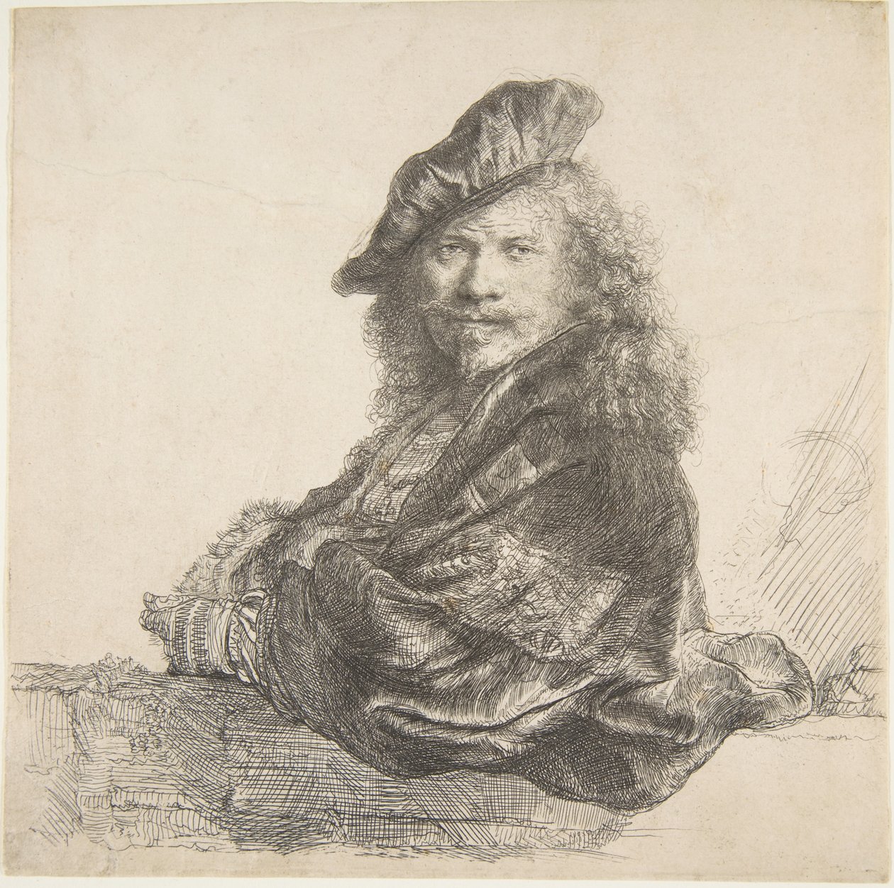 صورة ذاتية ، متكئة على جدار حجري ، 1639. بواسطة رامبرانت فان راين